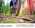 Cyclist on bicycle front view. Sportsman cyclist on Electric mountain bike forest trail. MTB E-bike  137491269