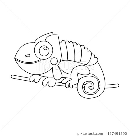Stylized chameleon on a branch line art vector illustration. Cartoon lizard coloring page for kids. Stylized chameleon on a branch line art vector illustration. Cartoon lizard coloring page for kids. 137491290