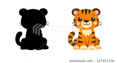 Cute baby tiger cartoon with shadow silhouette for kids educational game 137491336