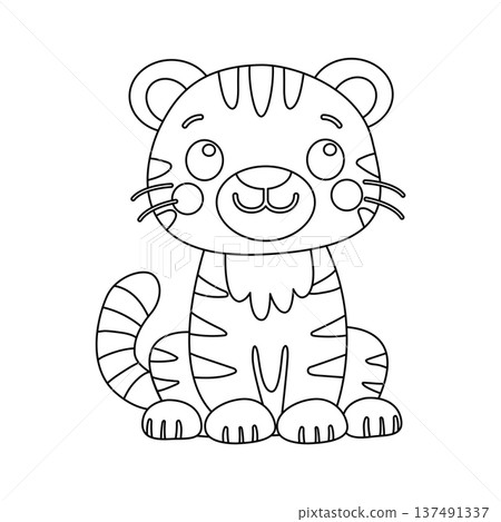 Cute baby tiger line art vector illustration. Small tiger cub coloring page for kids. Cute baby tiger line art vector illustration. Small tiger cub coloring page for kids. 137491337