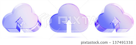 Hologram glass cloud upload with arrow or download 3d render icon set. Iridescent transparent storage for backup photo, video, media, document. File transfer, digital data migration. 3D illustration 137491338