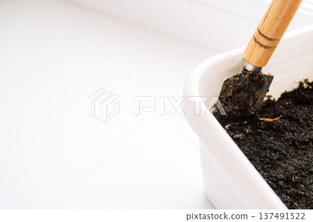 Close up of potting soil in a white container with garden trowel, planting and gardening background Close up of potting soil in a white container with garden trowel, planting and gardening background 137491522