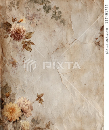 Vintage Floral Botanical Parchment Background With Soft Antique Garden Flowers 137491725