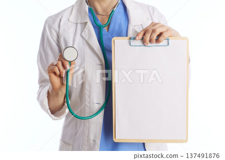 Torso Shot of Physician with Clipboard and Stethoscope Torso Shot of Physician with Clipboard and Stethoscope 137491876