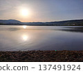Golden sunset reflecting on a calm lake with soft light and peaceful atmosphere 137491924
