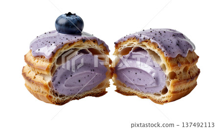 Delicate choux pastry cream puff filled with vibrant purple blueberry cream, isolated on a transparent background for elegant dessert photography Delicate choux pastry cream puff filled with vibrant purple blueberry cream, isolated on a transparent background for elegant dessert photography 137492113