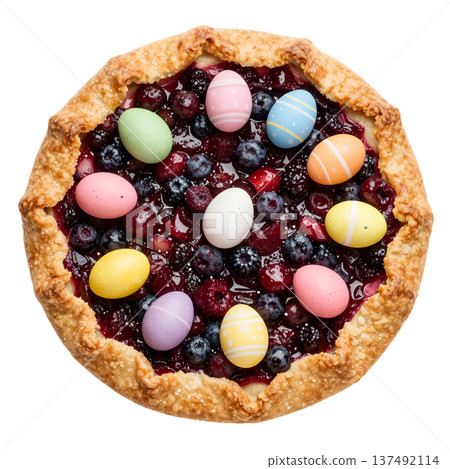 Rustic easter berry galette with mixed berries and colorful decorated eggs arranged on top, isolated on a transparent background for versatile use 137492114
