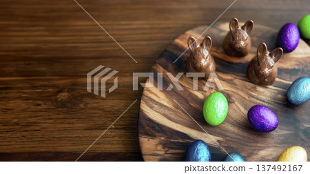 Chocolate bunnies and colorful eggs arranged on wooden platter with copy space 137492167