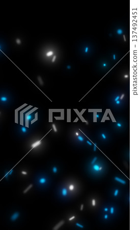 Floating blue and white glowing particles with motion streaks on a dark background, abstract futuristic atmosphere for technology, space, or energy concepts 137492451