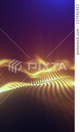 Golden glowing wave lines over a purple gradient background, creating a smooth abstract digital landscape with depth and motion Golden glowing wave lines over a purple gradient background, creating a smooth abstract digital landscape with depth and motion 137492453
