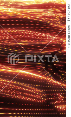 Flowing golden data waves made of glowing dots, representing digital signals, energy streams, and abstract information flow 137492468
