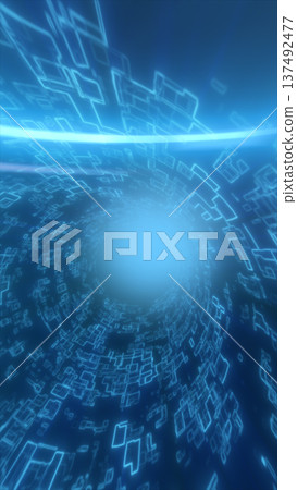 Blue digital data tunnel with glowing circuit shapes forming futuristic cyberspace vortex background Blue digital data tunnel with glowing circuit shapes forming futuristic cyberspace vortex background 137492477