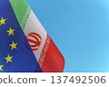Flags of the European Union and Iran symbols isolated on an empty blue background. Conceptual photography showing international relations and foreign policy discussions between the EU and the Islamic 137492506