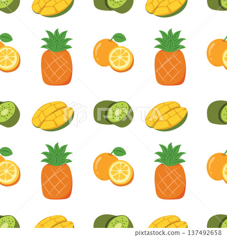 Fruity seamless pattern with orange, pineapple, mango and kiwi slice Fruity seamless pattern with orange, pineapple, mango and kiwi slice 137492658