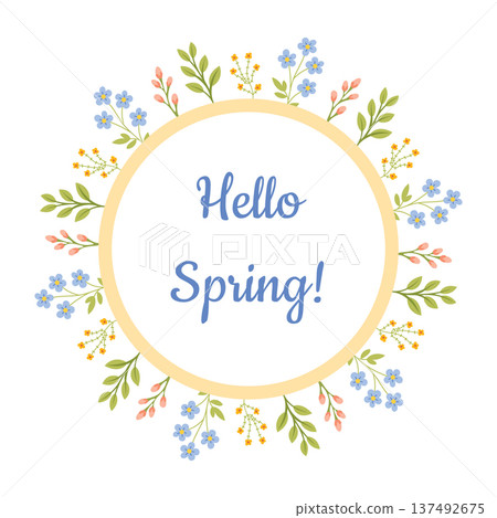 Round spring frame with wild flower wreath and greeting message 137492675