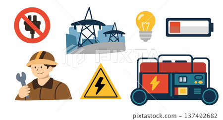 Energy blackout with fuel generator, battery, light bulb and electrician character Energy blackout with fuel generator, battery, light bulb and electrician character 137492682