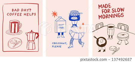 Whimsical hand drawn cafe, bakery and patisserie vintage cartoon posters, banners and prints 137492687