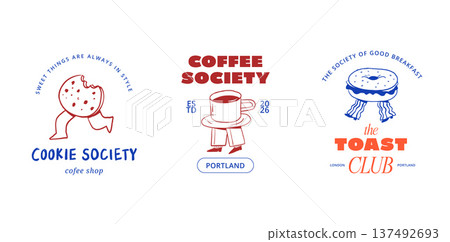 Whimsical hand drawn cafe, bakery and patisserie vintage cartoon logos collection 137492693