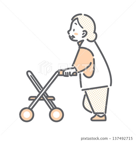 A simple and stylish line drawing of a senior woman actively walking using a walker 137492715