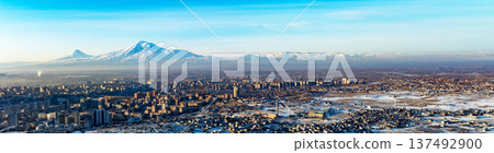 Banner with copy space. A Yerevan city with a Ararat mountain in the background Banner with copy space. A Yerevan city with a Ararat mountain in the background 137492900
