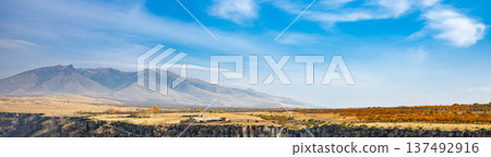 Banner with copy space. A mountain range with a river running through it Banner with copy space. A mountain range with a river running through it 137492916