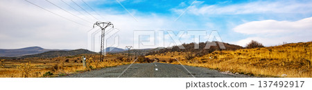 Banner with copy space. A road with a power line running along it Banner with copy space. A road with a power line running along it 137492917