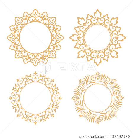Set of decorative frames Elegant vector element for design in Eastern style, place for text. Floral golden and white frames. Lace illustration for invitations and greeting cards 137492970