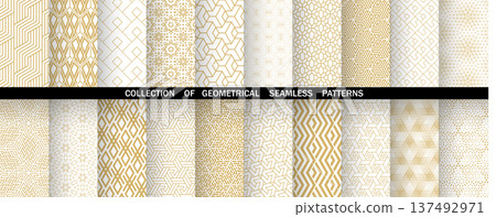 Geometric set of seamless golden and white patterns. Simple vector graphics 137492971
