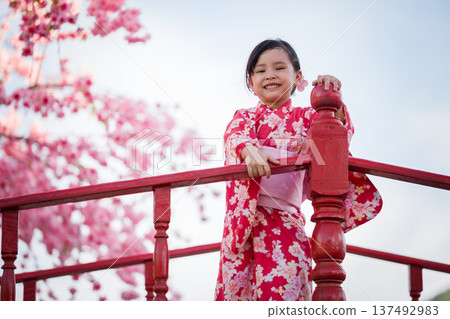 preschool child girl in yukata (kimono dress) on red bridge with sakura flower or cherry blossom blooming in garden preschool child girl in yukata (kimono dress) on red bridge with sakura flower or cherry blossom blooming in garden 137492983