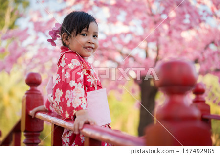 preschool child girl in yukata (kimono dress) on red bridge with sakura flower or cherry blossom blooming in garden preschool child girl in yukata (kimono dress) on red bridge with sakura flower or cherry blossom blooming in garden 137492985