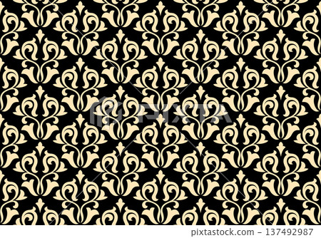 Flower geometric pattern. Seamless vector background. Golden and black ornament. Ornament for fabric, wallpaper, packaging. Decorative print Flower geometric pattern. Seamless vector background. Golden and black ornament. Ornament for fabric, wallpaper, packaging. Decorative print 137492987