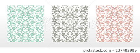 Wallpapers in the style of Baroque.. Set of colored floral ornaments. Seamless vector backgrounds Graphic patterns for fabric, wallpaper, packaging. Ornate Damask flower illustration 137492999