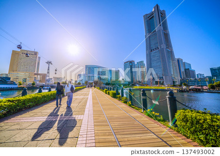 Renewal of Yokohama cityscape in Japan... Boardwalk renovation work. Shadows swaying on the railway road, ropeway... Towards a new era 137493002