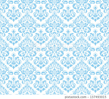 Wallpaper in the style of Baroque. White and blue floral ornament. Seamless vector background. Graphic pattern for fabric, wallpaper, packaging. Ornate Damask flower illustration Wallpaper in the style of Baroque. White and blue floral ornament. Seamless vector background. Graphic pattern for fabric, wallpaper, packaging. Ornate Damask flower illustration 137493015