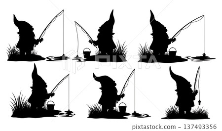 Black Solid Fishing Gnome Silhouettes Set of Six on White Background 137493356