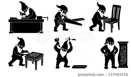 Black Solid Furniture Carver Gnome Silhouettes Set of Six on White Background Black Solid Furniture Carver Gnome Silhouettes Set of Six on White Background 137493358