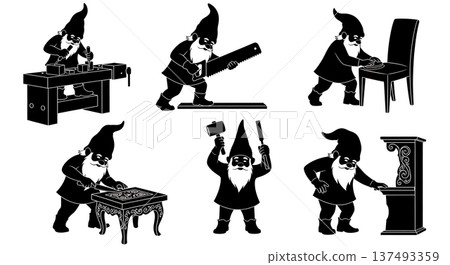 Black Solid Furniture Carver Gnome Silhouettes Set of Six on White Background Black Solid Furniture Carver Gnome Silhouettes Set of Six on White Background 137493359