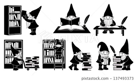 Black Solid Library Catalog Gnome Silhouettes Set of Six on White Background 137493373
