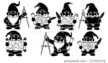 Black Solid Mapmaking Gnome Silhouettes Set of Six on White Background Black Solid Mapmaking Gnome Silhouettes Set of Six on White Background 137493376