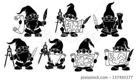 Black Solid Mapmaking Gnome Silhouettes Set of Six on White Background Black Solid Mapmaking Gnome Silhouettes Set of Six on White Background 137493377