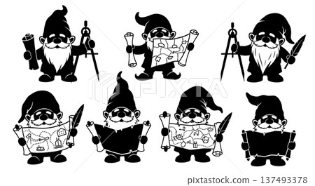 Black Solid Mapmaking Gnome Silhouettes Set of Six on White Background Black Solid Mapmaking Gnome Silhouettes Set of Six on White Background 137493378