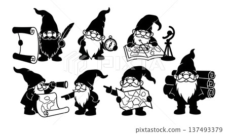 Black Solid Mapmaking Gnome Silhouettes Set of Six on White Background Black Solid Mapmaking Gnome Silhouettes Set of Six on White Background 137493379