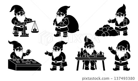 Black Solid Market Vendor Gnome Silhouettes Set of Six on White Background Black Solid Market Vendor Gnome Silhouettes Set of Six on White Background 137493380