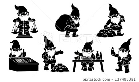 Black Solid Market Vendor Gnome Silhouettes Set of Six on White Background Black Solid Market Vendor Gnome Silhouettes Set of Six on White Background 137493381