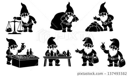 Black Solid Market Vendor Gnome Silhouettes Set of Six on White Background 137493382