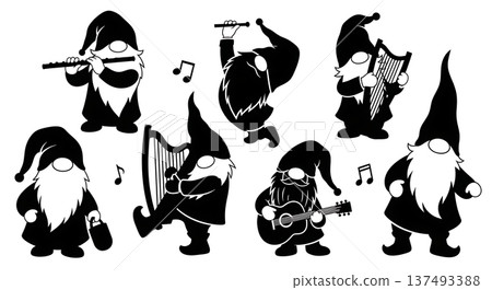 Black Solid Musical Gnome Silhouettes Set of Six on White Background Black Solid Musical Gnome Silhouettes Set of Six on White Background 137493388