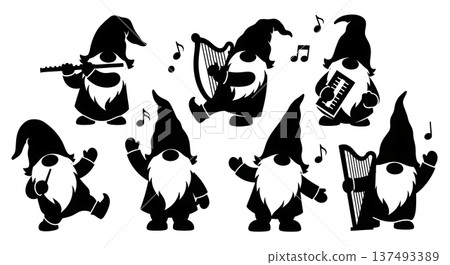 Black Solid Musical Gnome Silhouettes Set of Six on White Background Black Solid Musical Gnome Silhouettes Set of Six on White Background 137493389