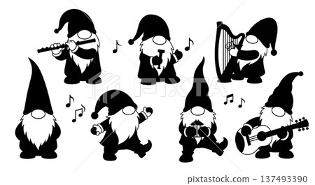 Black Solid Musical Gnome Silhouettes Set of Six on White Background Black Solid Musical Gnome Silhouettes Set of Six on White Background 137493390