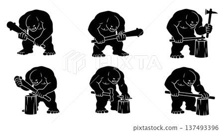 Black Solid Pottery Gnome Silhouettes Set of Six on White Background 137493396