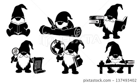 Black Solid Gnome Scholar Silhouettes Set of Six on White Background 137493402